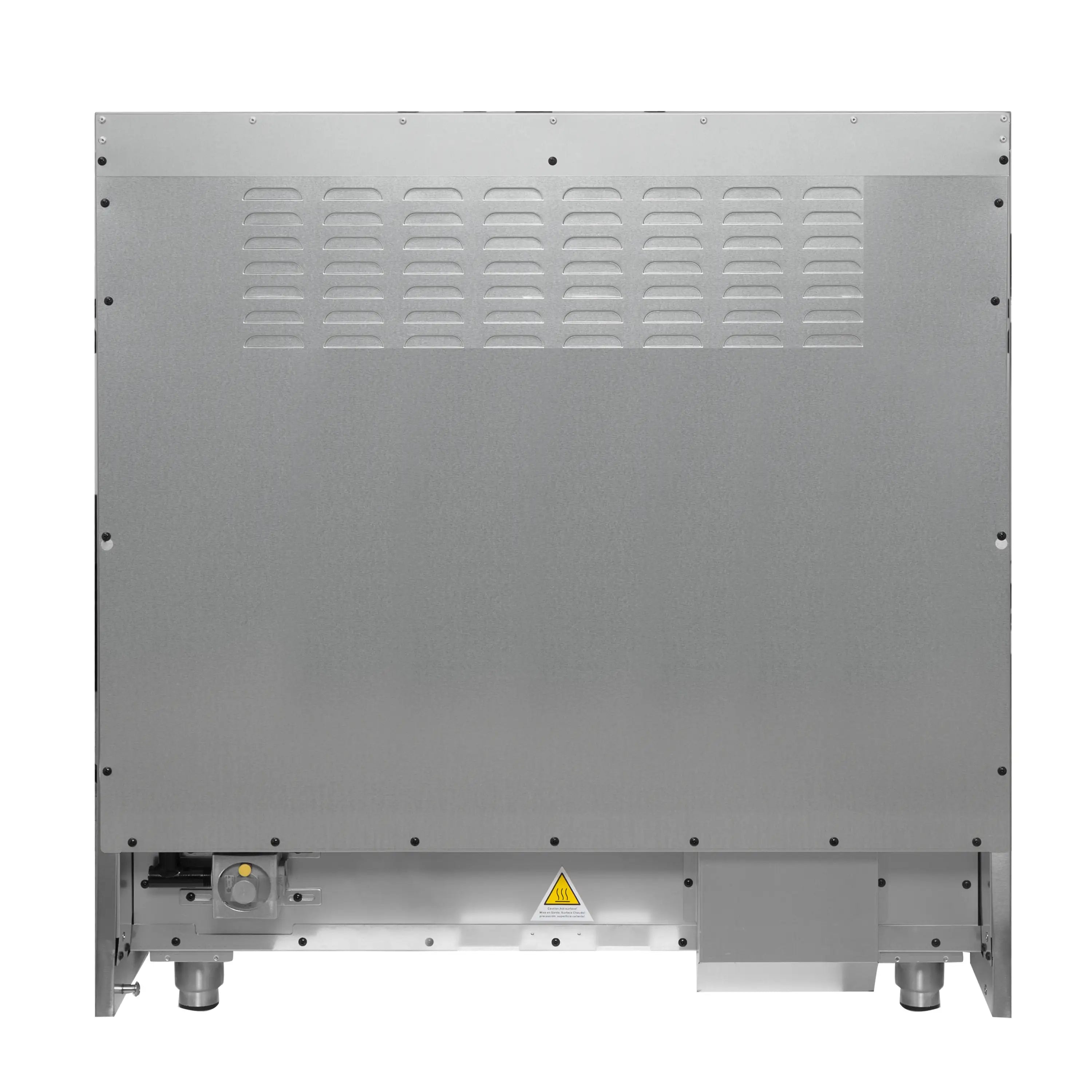 Stainless appliance base panel with vented grid and warning label, underside view