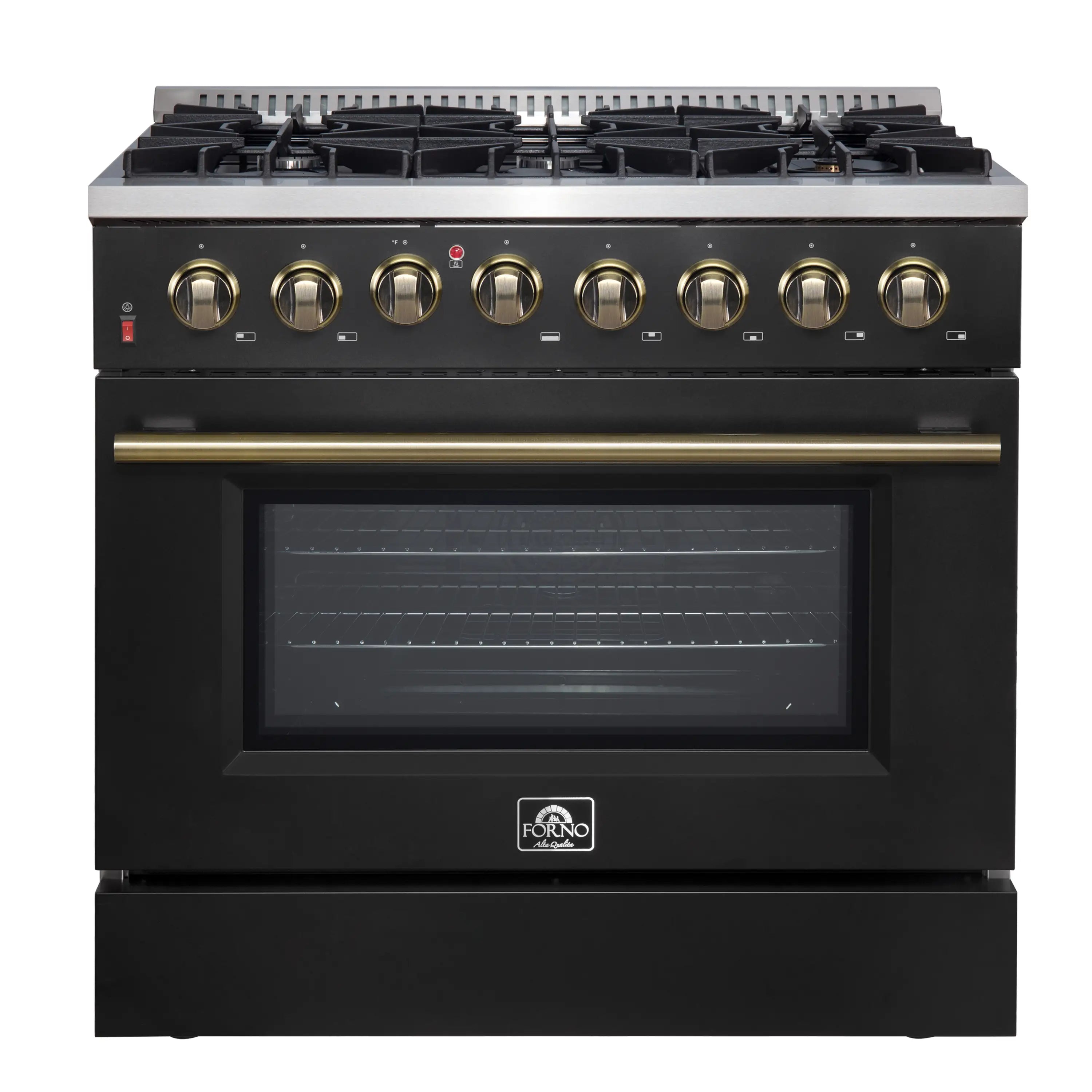 Black dual fuel range with antique brass knobs, windowed oven door, burner grates