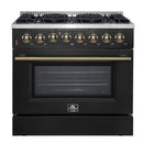 Forno 5-Piece Appliance Package - 36-Inch Dual Fuel Range, Wall Mount Range Hood, 60-Inch Convertible Refrigerator with Modern Trim, Dishwasher, and 24-Inch Microwave Oven in Black with Antique Brass Handle