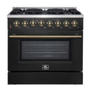 Forno Galiano 36-Inch Dual Fuel Range with 6 Gas Burners and 5.36 Cu.Ft. Electric Convection Oven in Black with Antique Brass Trim (FFSGS6156-36BLK)