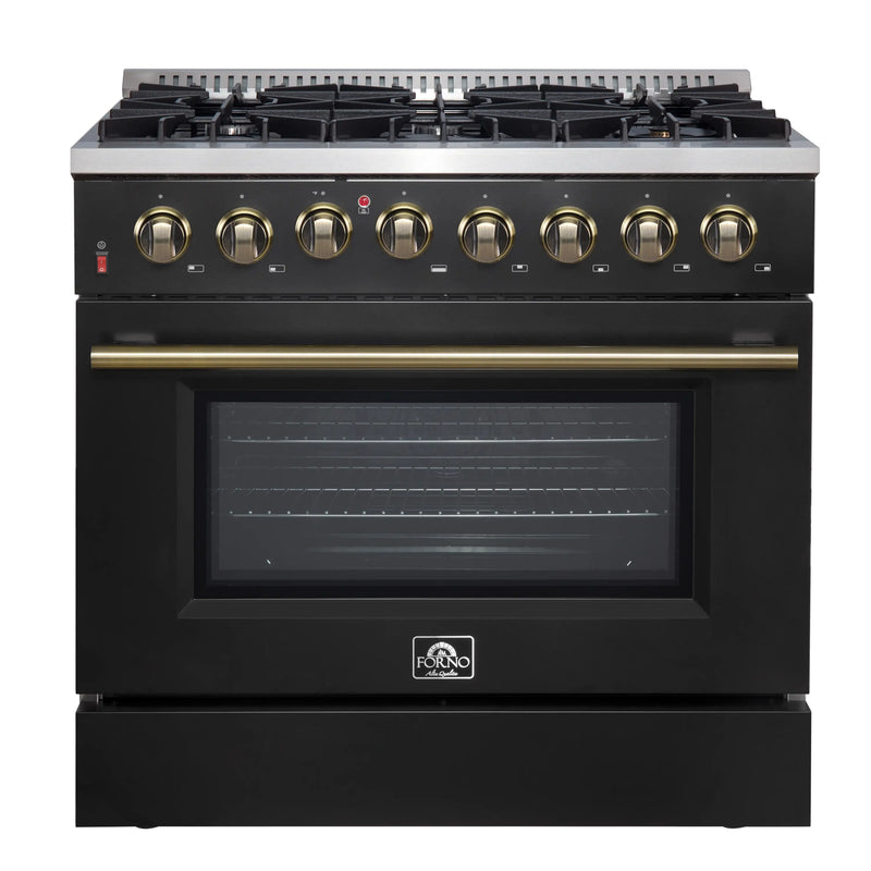 Forno Galiano 5-Piece Appliance Package - 36-Inch Dual Fuel Range, 36-Inch Hood, 36-Inch Refrigerator, 24-Inch Dishwasher, & 30-Inch Microwave Oven in Black with Antique Brass Trim