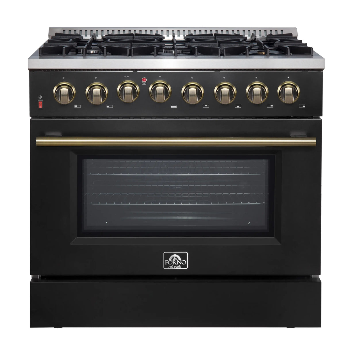 Forno Galiano 36-Inch Dual Fuel Range with 6 Gas Burners and 5.36 Cu.Ft. Electric Convection Oven in Black with Antique Brass Trim (FFSGS6156-36BLK)