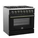 Forno Galiano 5-Piece Appliance Package - 36-Inch Dual Fuel Range, 36-Inch Hood, 36-Inch Refrigerator, 24-Inch Dishwasher, & 24-Inch Microwave Drawer in Black with Antique Brass Trim