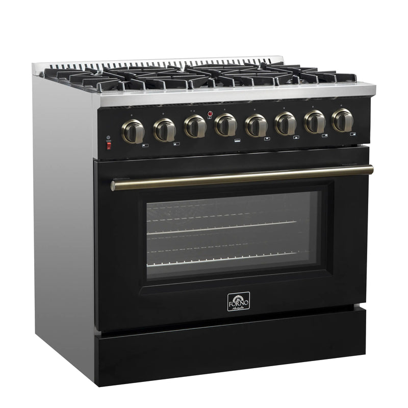 Forno Galiano 5-Piece Appliance Package - 36-Inch Dual Fuel Range, 36-Inch Hood, 36-Inch Refrigerator, 24-Inch Dishwasher, & 30-Inch Microwave Oven in Black with Antique Brass Trim