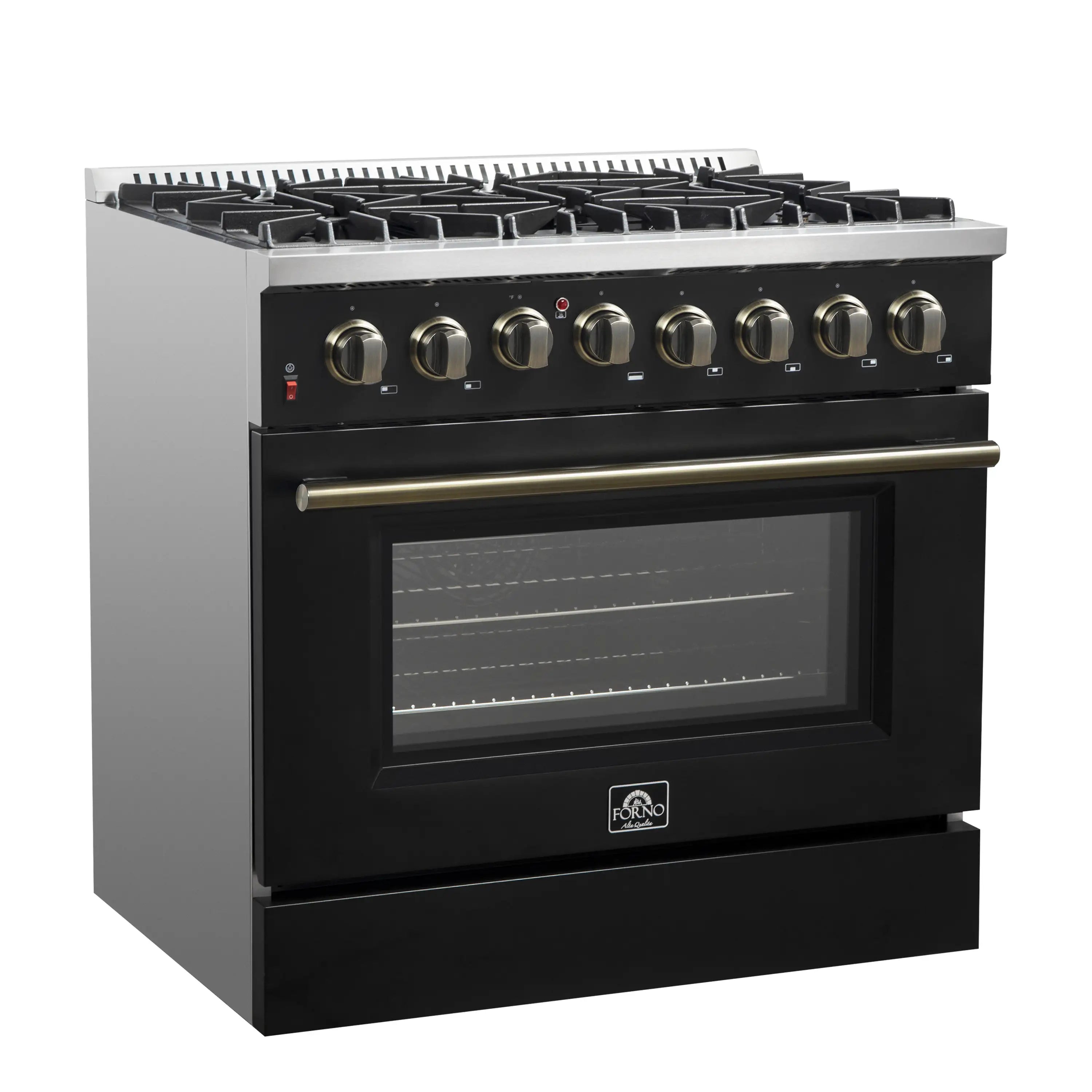Black dual fuel range with six gas burners, brass knobs, and glass oven door