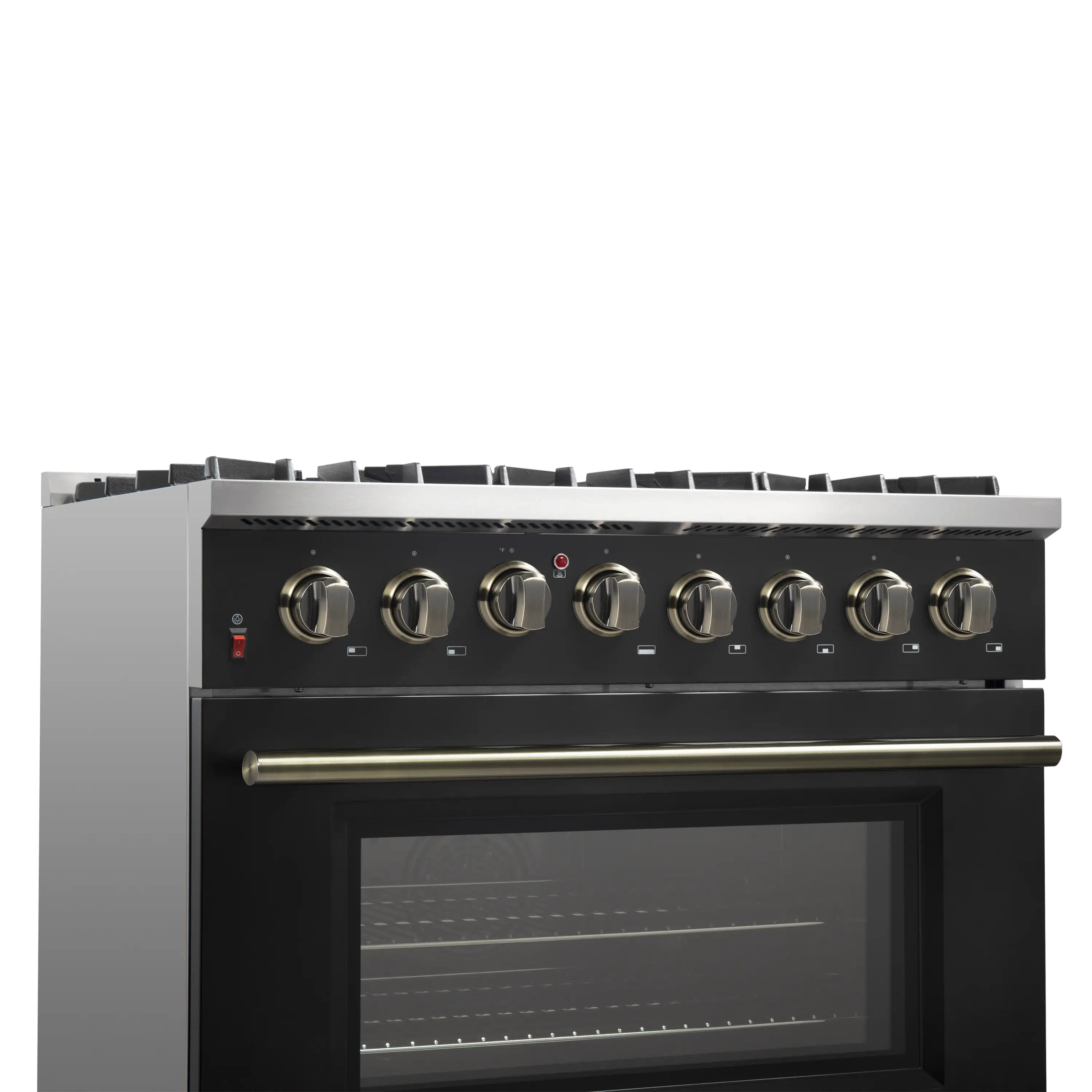 Black dual fuel range with gold-tone control knobs and closed oven door, front view