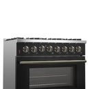 Forno 5-Piece Appliance Package - 36-Inch Dual Fuel Range, Wall Mount Range Hood, 60-Inch Convertible Refrigerator with Modern Trim, Dishwasher, and 24-Inch Microwave Drawer in Black with Antique Brass Handle