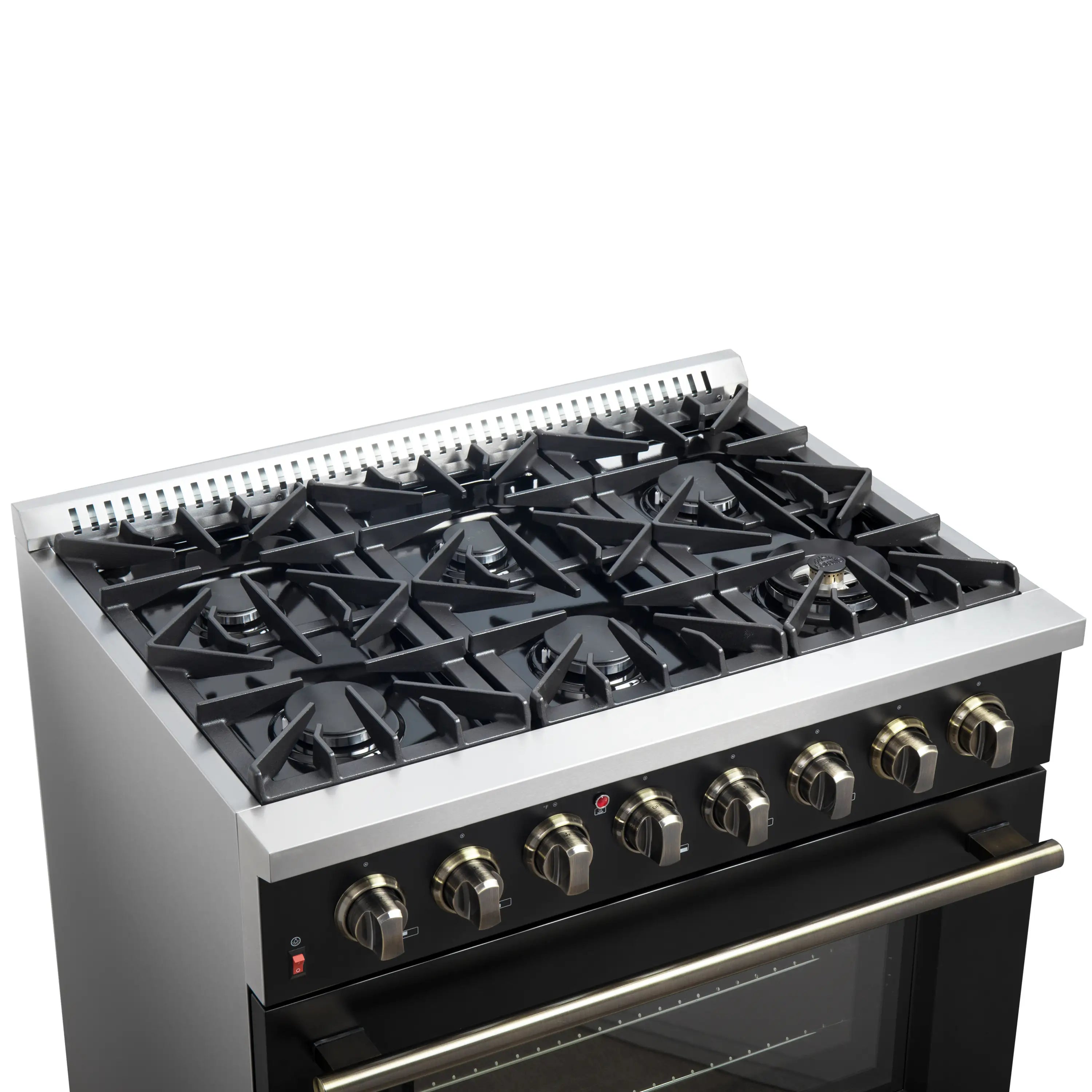 Black dual fuel range angled view with six-burner cooktop and brass control knobs