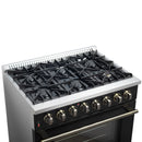 Forno 5-Piece Appliance Package - 36-Inch Dual Fuel Range, Wall Mount Range Hood, 36-Inch Refrigerator, Dishwasher, and 24-Inch Microwave Drawer in Black with Antique Brass Handle