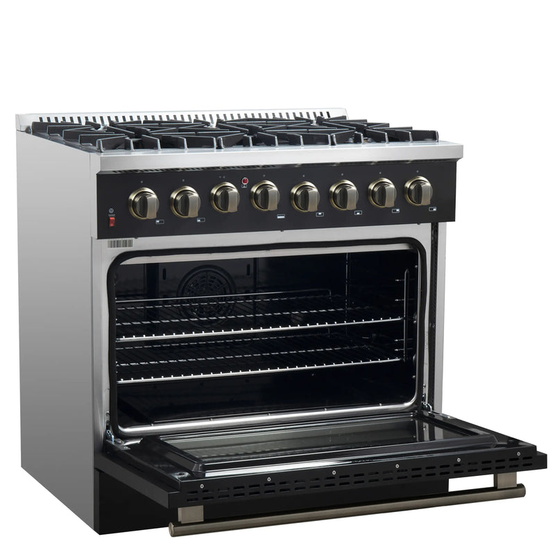 Forno Galiano 5-Piece Appliance Package - 36-Inch Dual Fuel Range, 36-Inch Hood, 36-Inch Refrigerator, 24-Inch Dishwasher, & 24-Inch Microwave Drawer in Black with Antique Brass Trim