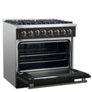 Forno Galiano 5-Piece Appliance Package - 36-Inch Dual Fuel Range, 36-Inch Hood, 36-Inch Refrigerator, 24-Inch Dishwasher, & 30-Inch Microwave Oven in Black with Antique Brass Trim