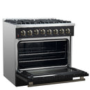 Forno 4-Piece Appliance Package - 36-Inch Dual Fuel Range, 60-Inch Convertible Refrigerator with Modern Trim, Dishwasher, and 30-Inch Microwave Drawer in Black with Antique Brass Handle