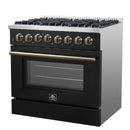Forno 4-Piece Appliance Package - 36-Inch Dual Fuel Range, Wall Mount Range Hood, 60-Inch Built-In Convertible Refrigerator, and Dishwasher in Black with Antique Brass Handle