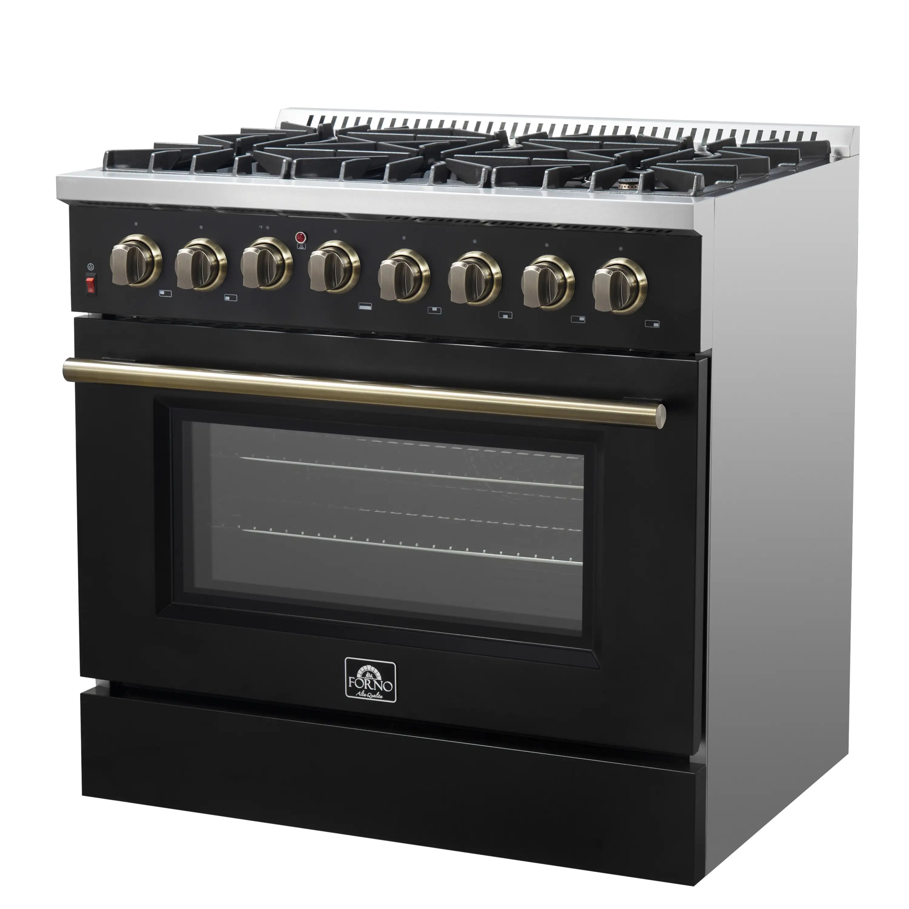Black dual fuel range with brass control knobs and large oven door with window