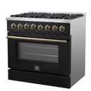 Forno 4-Piece Appliance Package - 36-Inch Dual Fuel Range, 60-Inch Convertible Refrigerator with Modern Trim, Dishwasher, and 30-Inch Microwave Drawer in Black with Antique Brass Handle