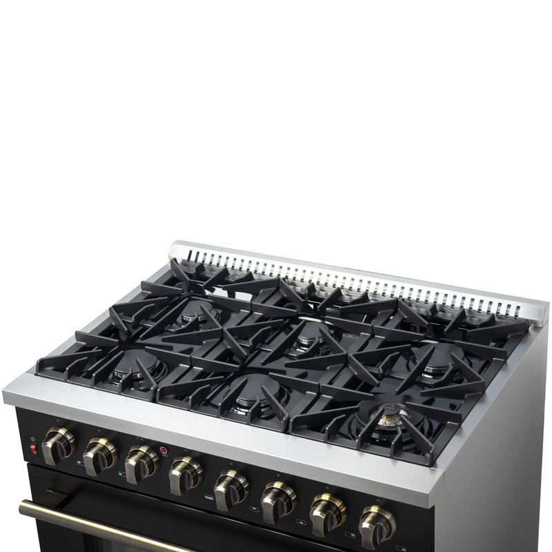 Forno Galiano 5-Piece Appliance Package - 36-Inch Dual Fuel Range, 36-Inch Hood, 36-Inch Refrigerator, 24-Inch Dishwasher, & 24-Inch Microwave Drawer in Black with Antique Brass Trim