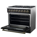 Forno Galiano 5-Piece Appliance Package - 36-Inch Dual Fuel Range, 36-Inch Hood, 36-Inch Refrigerator, 24-Inch Dishwasher, & 30-Inch Microwave Drawer in Black with Antique Brass Trim