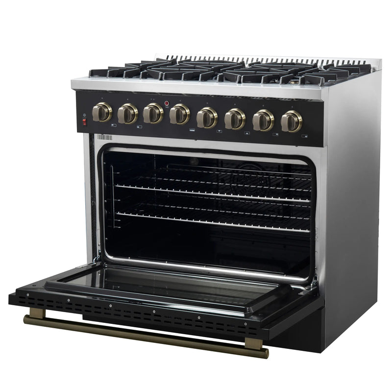 Forno Galiano 3-Piece Appliance Package - 36-Inch Dual Fuel Range, 36-Inch Refrigerator, & 24-Inch Dishwasher in Black with Antique Brass Trim
