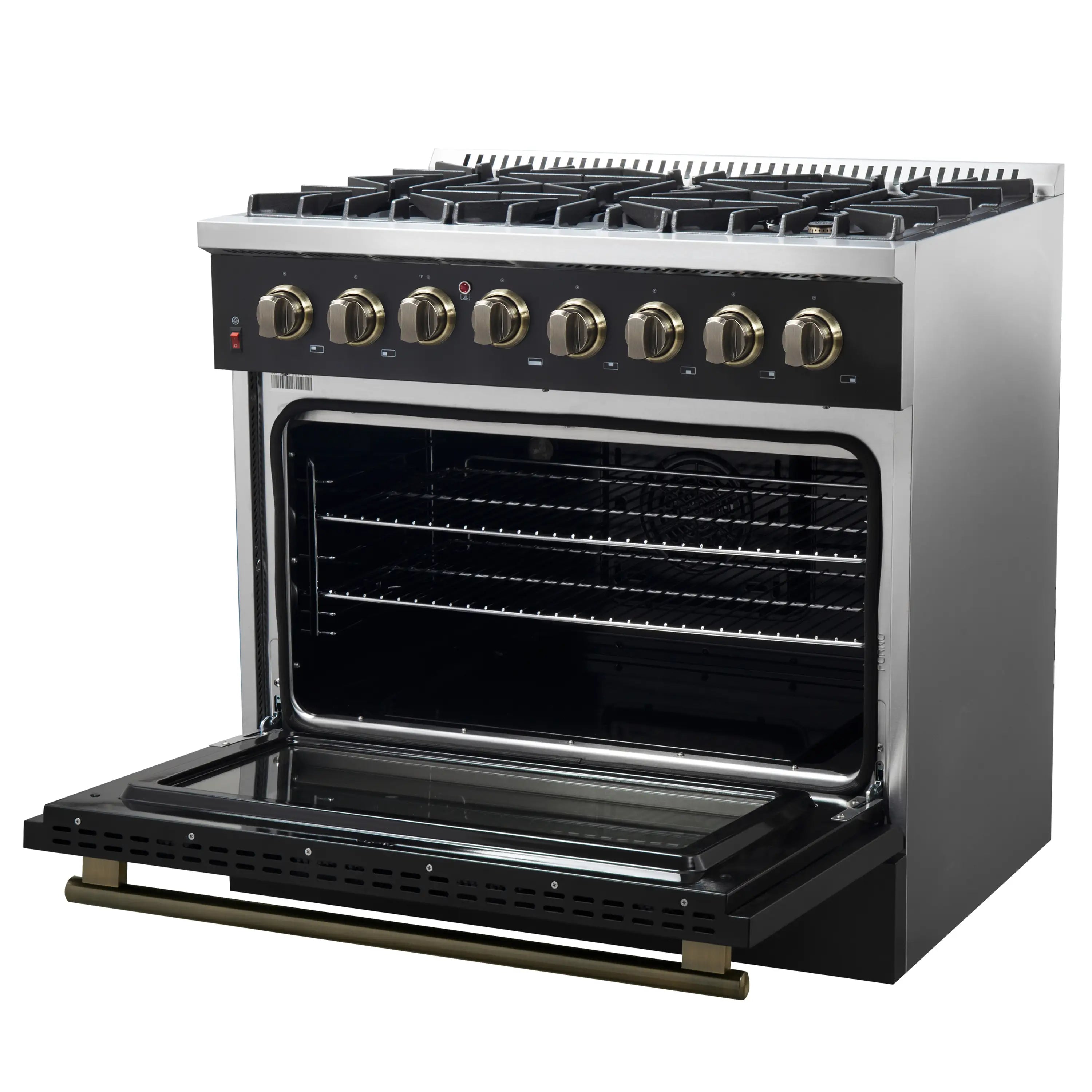 Black dual fuel range with open oven door and wire racks, brass control knobs