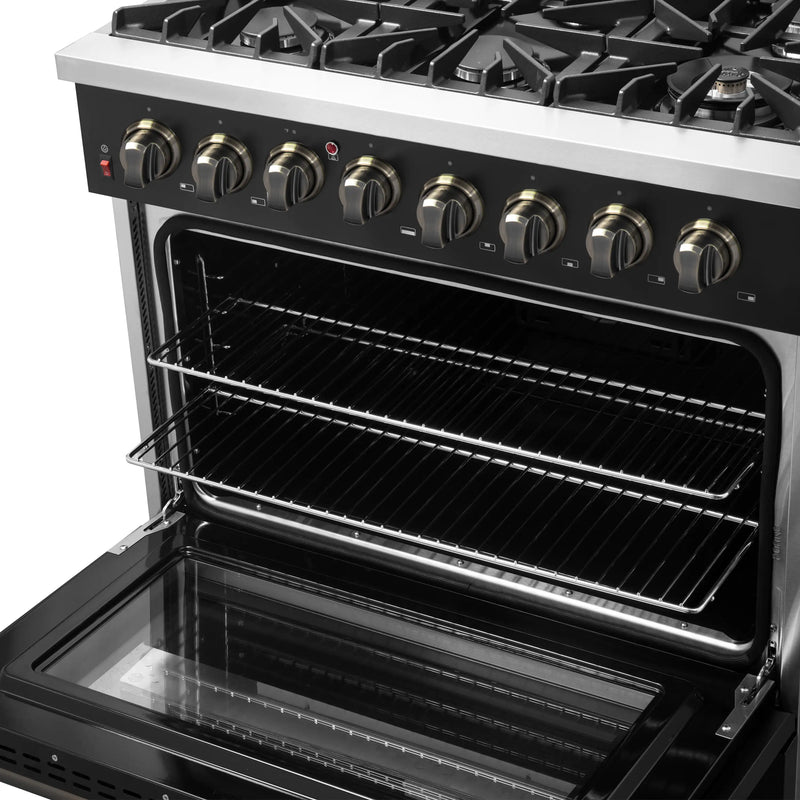 Forno Galiano 5-Piece Appliance Package - 36-Inch Dual Fuel Range, 36-Inch Hood, 36-Inch Refrigerator, 24-Inch Dishwasher, & 30-Inch Microwave Oven in Black with Antique Brass Trim
