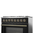 Forno Galiano 5-Piece Appliance Package - 36-Inch Dual Fuel Range, 36-Inch Hood, 36-Inch Refrigerator, 24-Inch Dishwasher, & 30-Inch Microwave Oven in Black with Antique Brass Trim