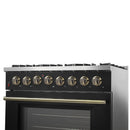 Forno Galiano 2-Piece Appliance Package - 36-Inch Dual Fuel Range & 36-Inch Wall Mount Range Hood in Black with Antique Brass Trim