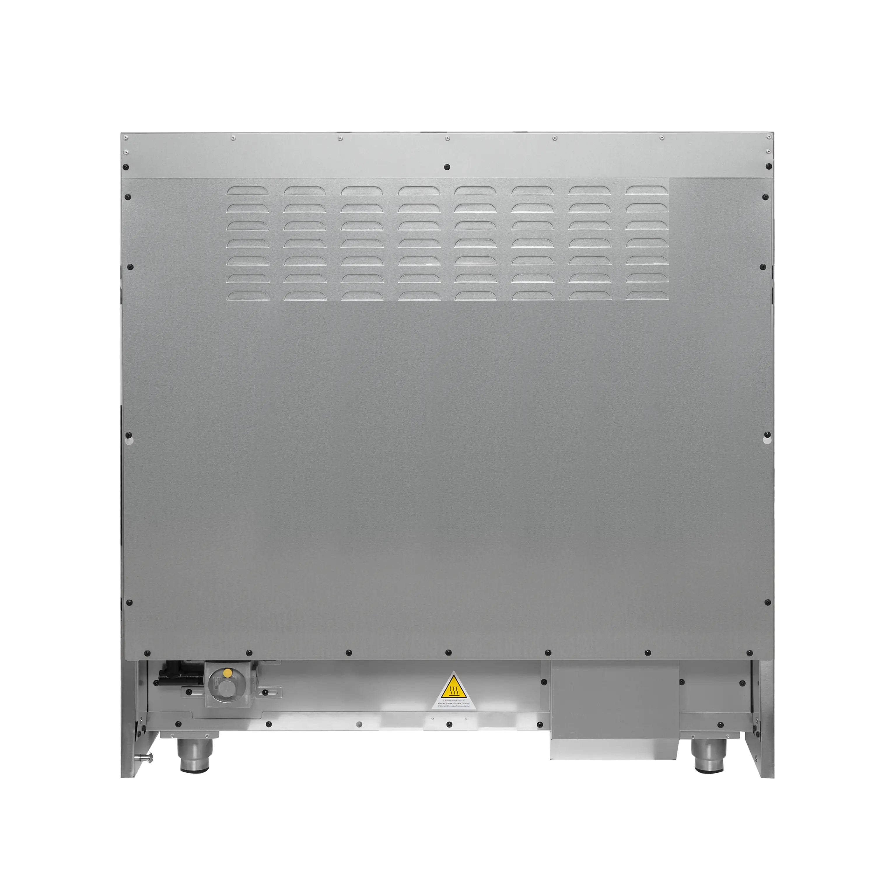 Range rear access panel with vented surface, ports, and warning label