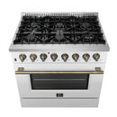 Forno 4-Piece Appliance Package - 36-Inch Galiano Dual Fuel Range, 60-Inch Refrigerator, Dishwasher, & 30-Inch Microwave Oven in White with Antique Brass Handle