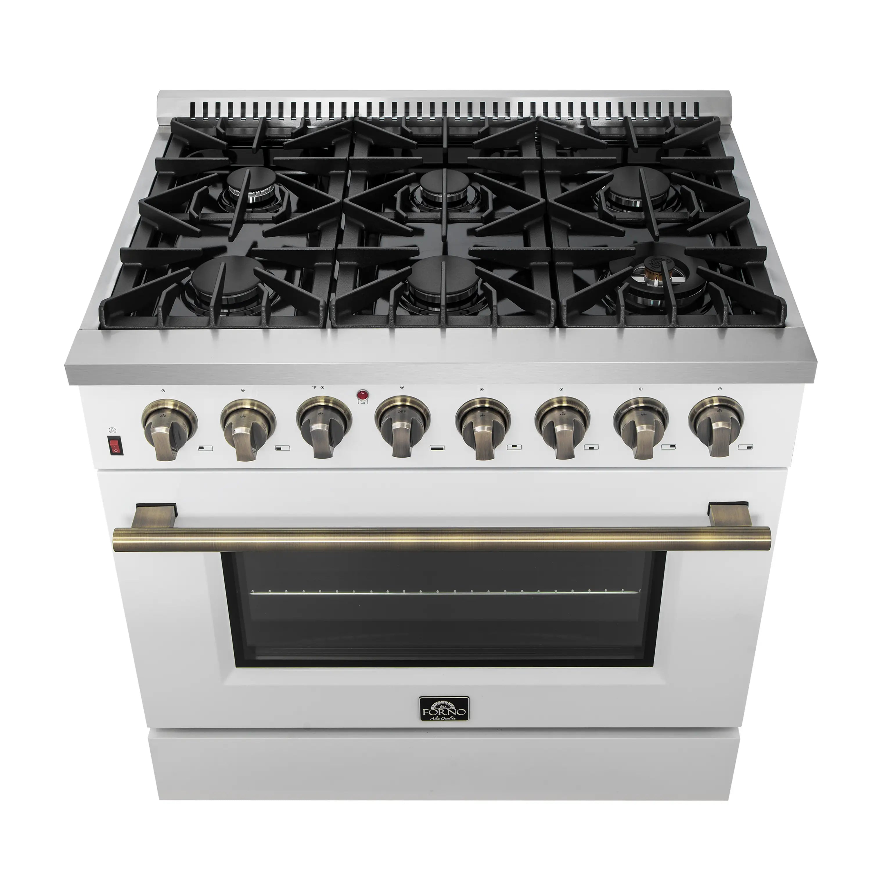 White dual fuel range cooktop with grates, brass-accent control knobs, and open oven view