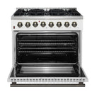 Forno 4-Piece Appliance Package - 36-Inch Galiano Dual Fuel Range, 60-Inch Refrigerator, Dishwasher, & 30-Inch Microwave Oven in White with Antique Brass Handle