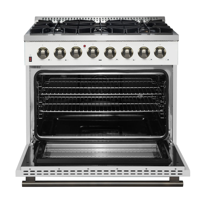 Forno Galiano 4-Piece Appliance Package - 36-Inch Dual Fuel Range, 36-Inch Hood, 36-Inch Refrigerator, & 24-Inch Dishwasher in White with Antique Brass Trim