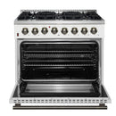 Forno 4-Piece Appliance Package - 36-Inch Dual Fuel Range, Wall Mount Range Hood, 60-Inch Built-In Convertible Refrigerator, and Dishwasher in White with Antique Brass Handle