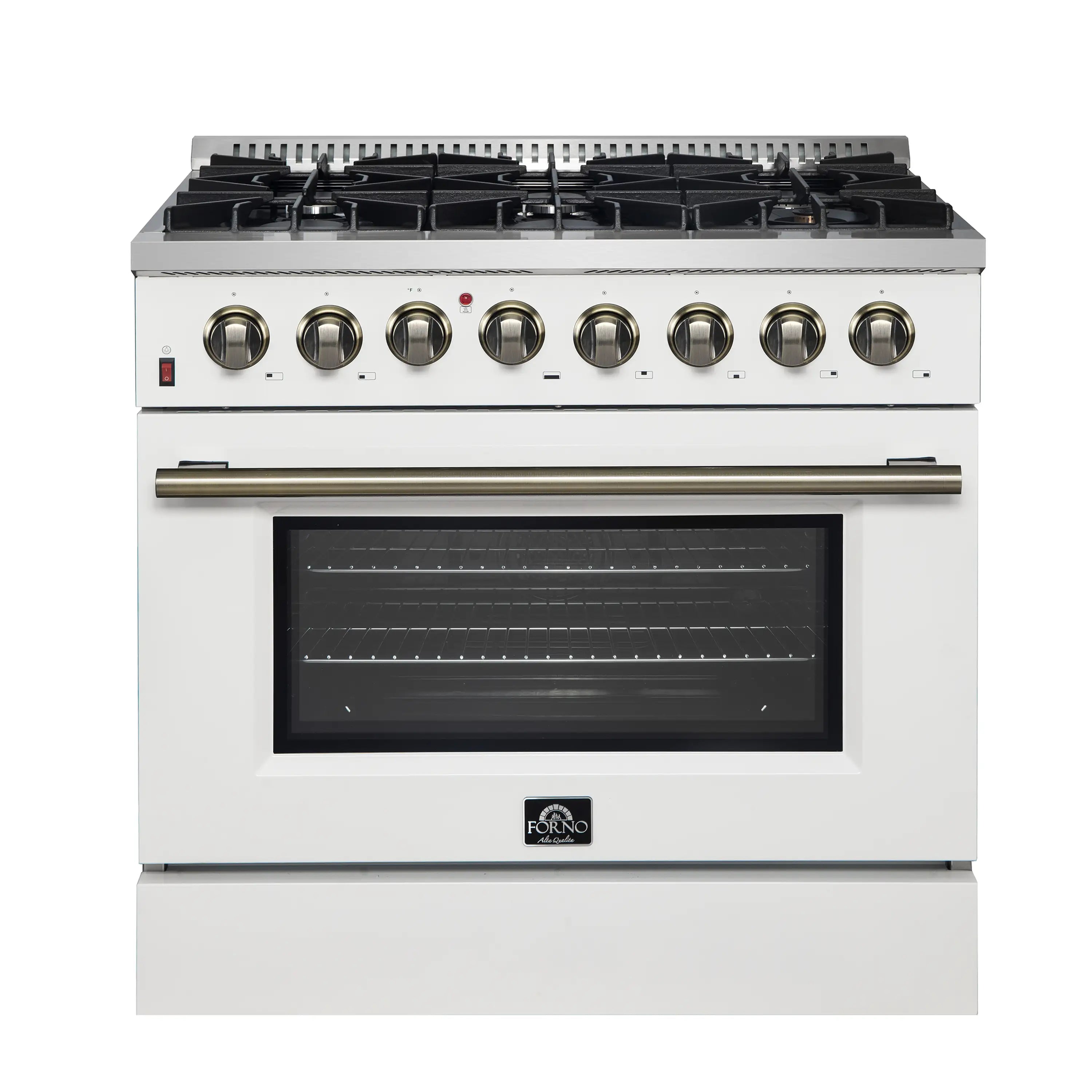 White dual fuel range with brass handle, black oven window, and six burner knobs