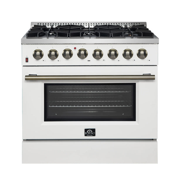 Forno Galiano 36-Inch Dual Fuel Range with 6 Gas Burners and 5.36 Cu.Ft. Electric Convection Oven in White with Antique Brass Trim (FFSGS6156-36WHT)