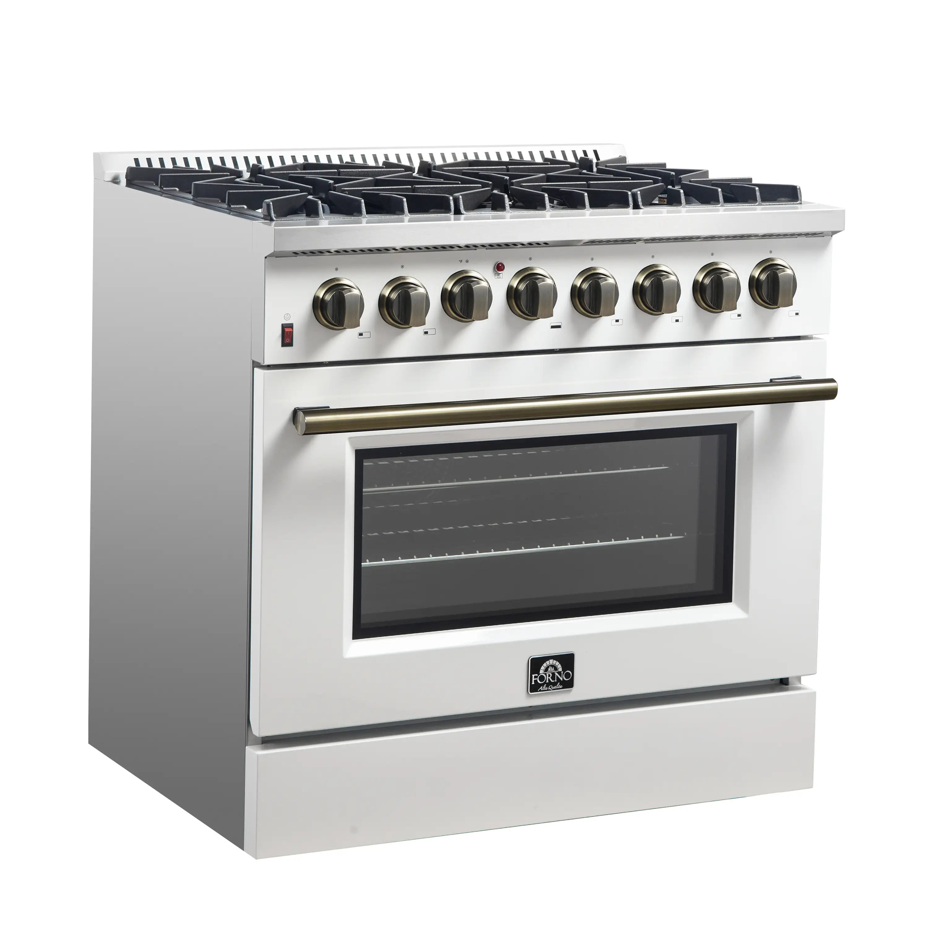 White dual fuel range with brass handle, black oven door window, and 8 control knobs