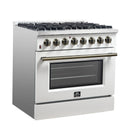 Forno 4-Piece Appliance Package - 36-Inch Dual Fuel Range, Wall Mount Range Hood, 60-Inch Refrigerator, Dishwasher in White with Antique Brass Handle
