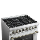 Forno 4-Piece Appliance Package - 36-Inch Galiano Dual Fuel Range, 60-Inch Refrigerator, Dishwasher, & 24-Inch Microwave Drawer in White with Antique Brass Handle