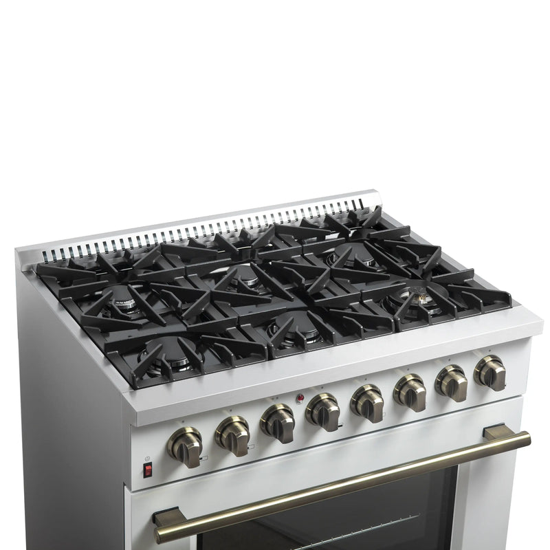 Forno Galiano 2-Piece Appliance Package - 36-Inch Dual Fuel Range & 36-Inch Wall Mount Range Hood in White with Antique Brass Trim