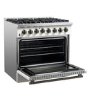 Forno Galiano 5-Piece Appliance Package - 36-Inch Dual Fuel Range, 36-Inch Hood, 36-Inch Refrigerator, 24-Inch Dishwasher, & 24-Inch Microwave Oven in White with Antique Brass Trim