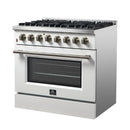 Forno 5-Piece Appliance Package - 36-Inch Galiano Dual Fuel Range, Wall Mount Range Hood, 60-Inch Refrigerator, Dishwasher, & 24-Inch Microwave Drawer in White with Antique Brass Handle