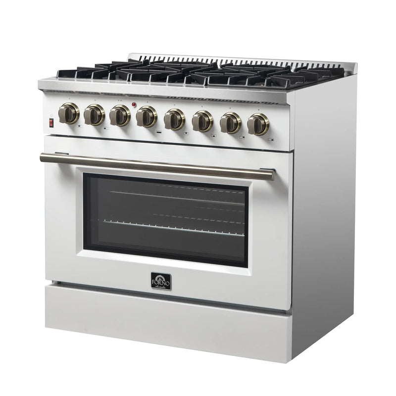 Forno Galiano 5-Piece Appliance Package - 36-Inch Dual Fuel Range, 36-Inch Hood, 36-Inch Refrigerator, 24-Inch Dishwasher, & 24-Inch Microwave Oven in White with Antique Brass Trim