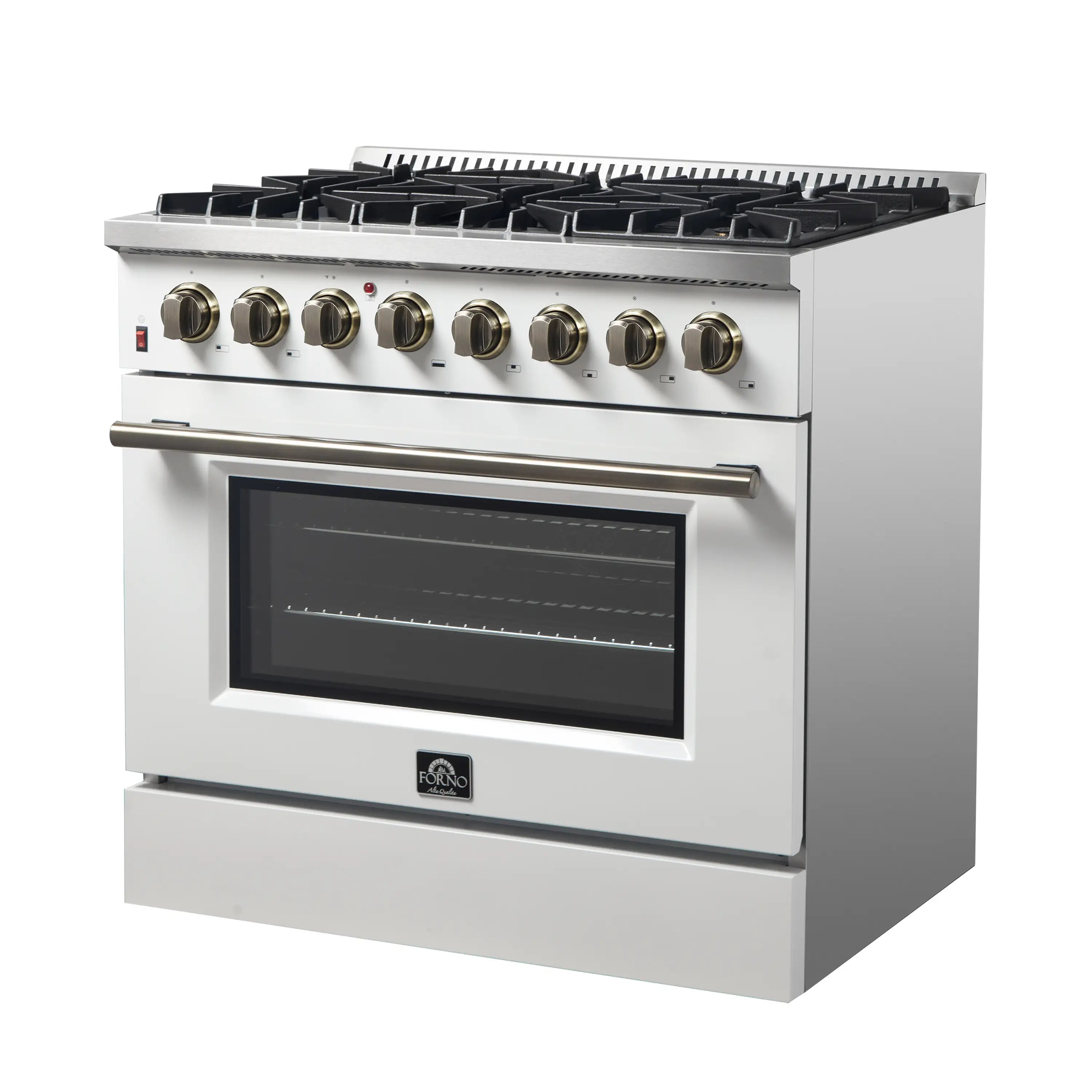 White dual fuel range with brass handle and control knobs above black oven window