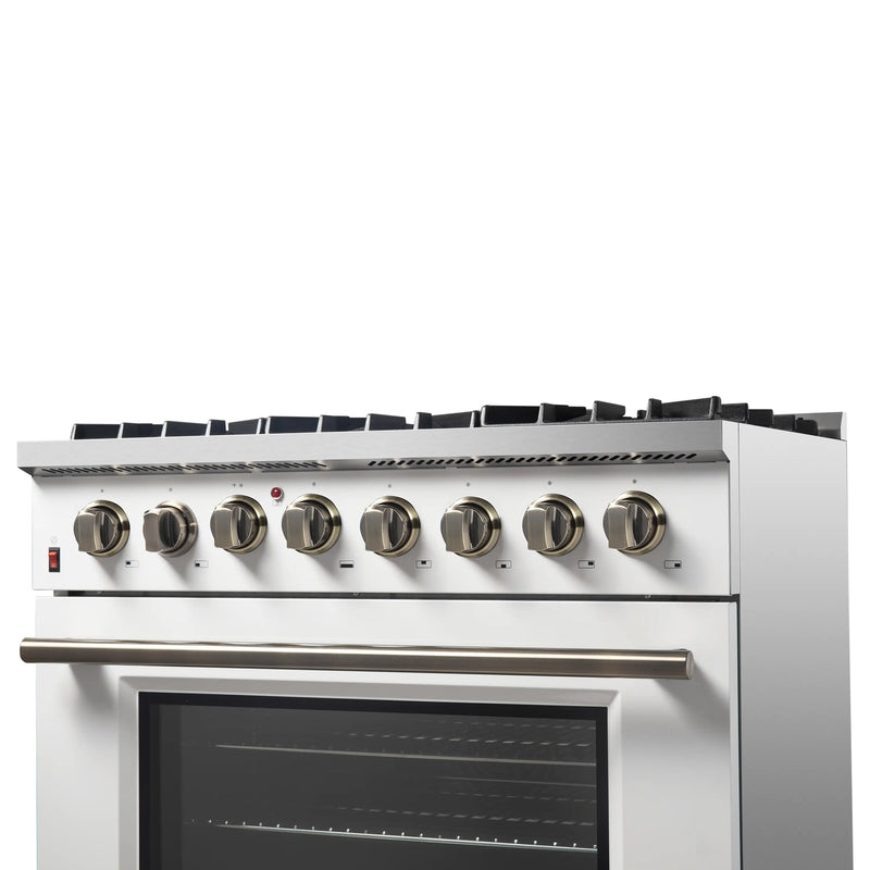 Forno Galiano 2-Piece Appliance Package - 36-Inch Dual Fuel Range & 36-Inch Wall Mount Range Hood in White with Antique Brass Trim