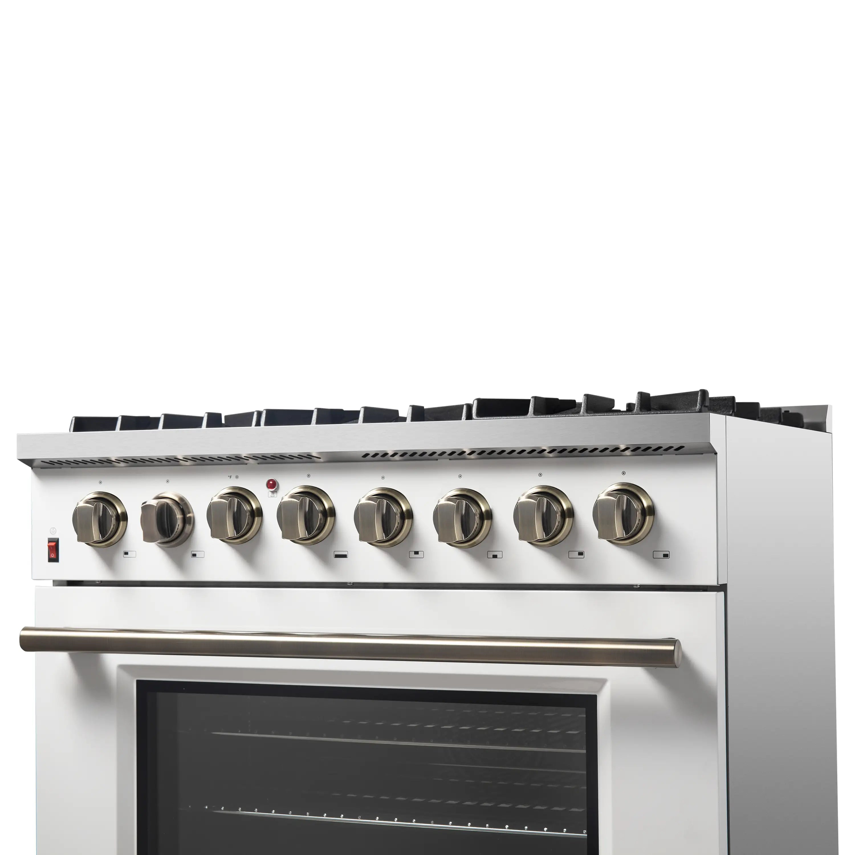 36-inch dual fuel range, white body with brass bar handle and front control knobs
