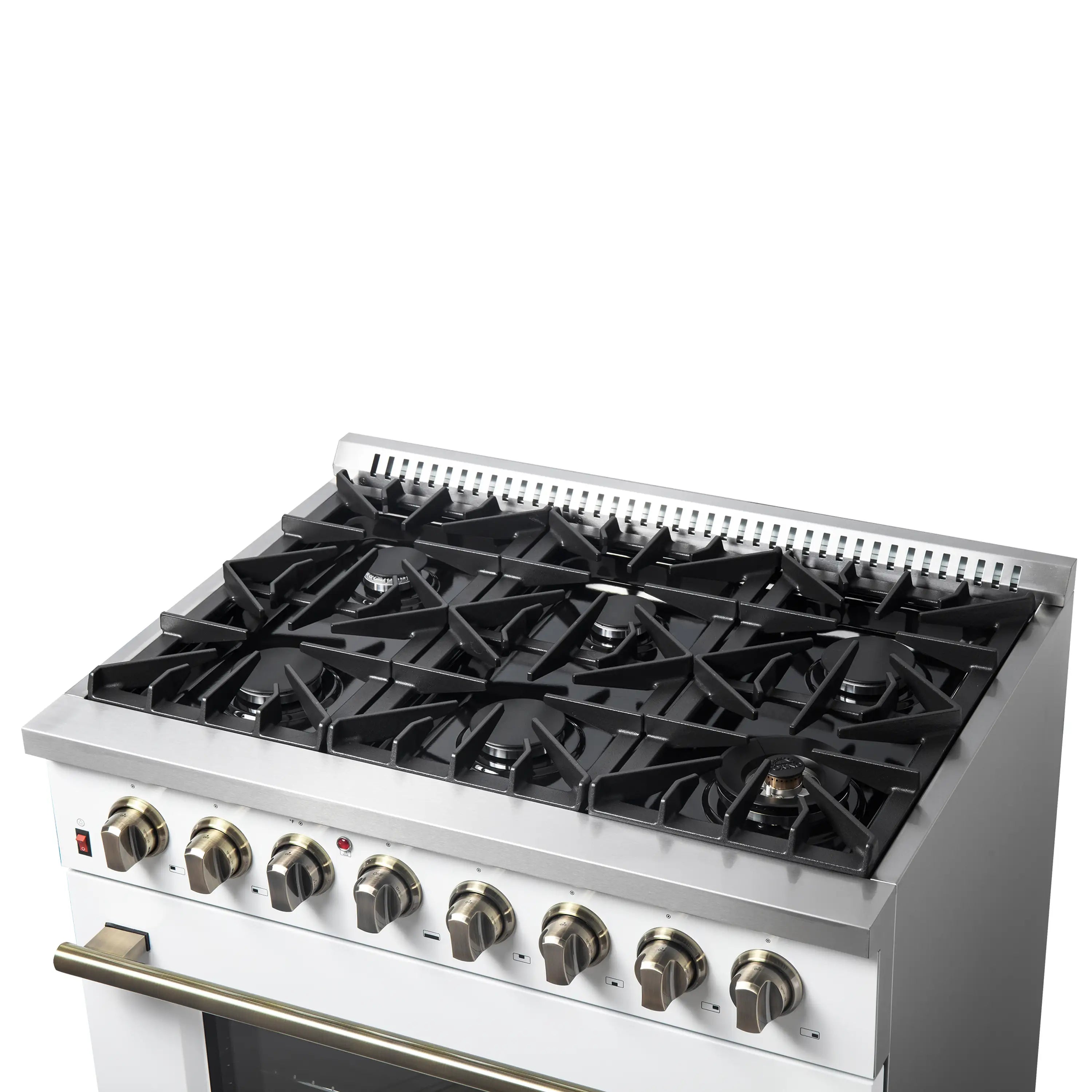 White dual fuel range with black burner grates and brass-accent control knobs