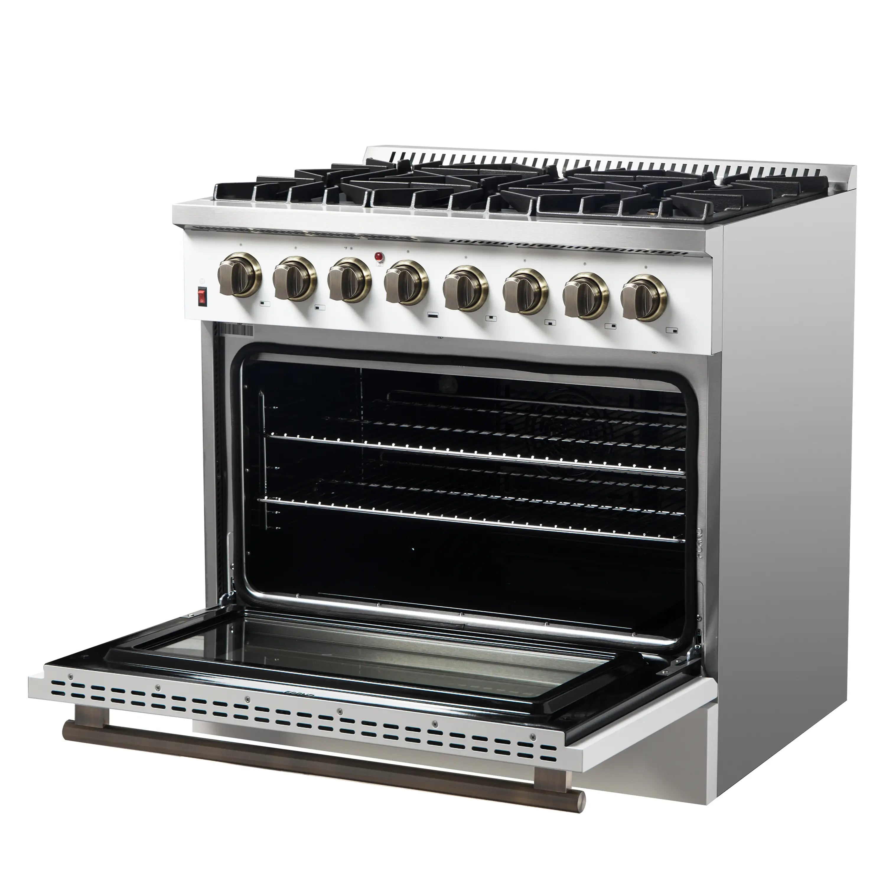 White dual fuel range with oven door open, wire racks, and brass-accent control knobs