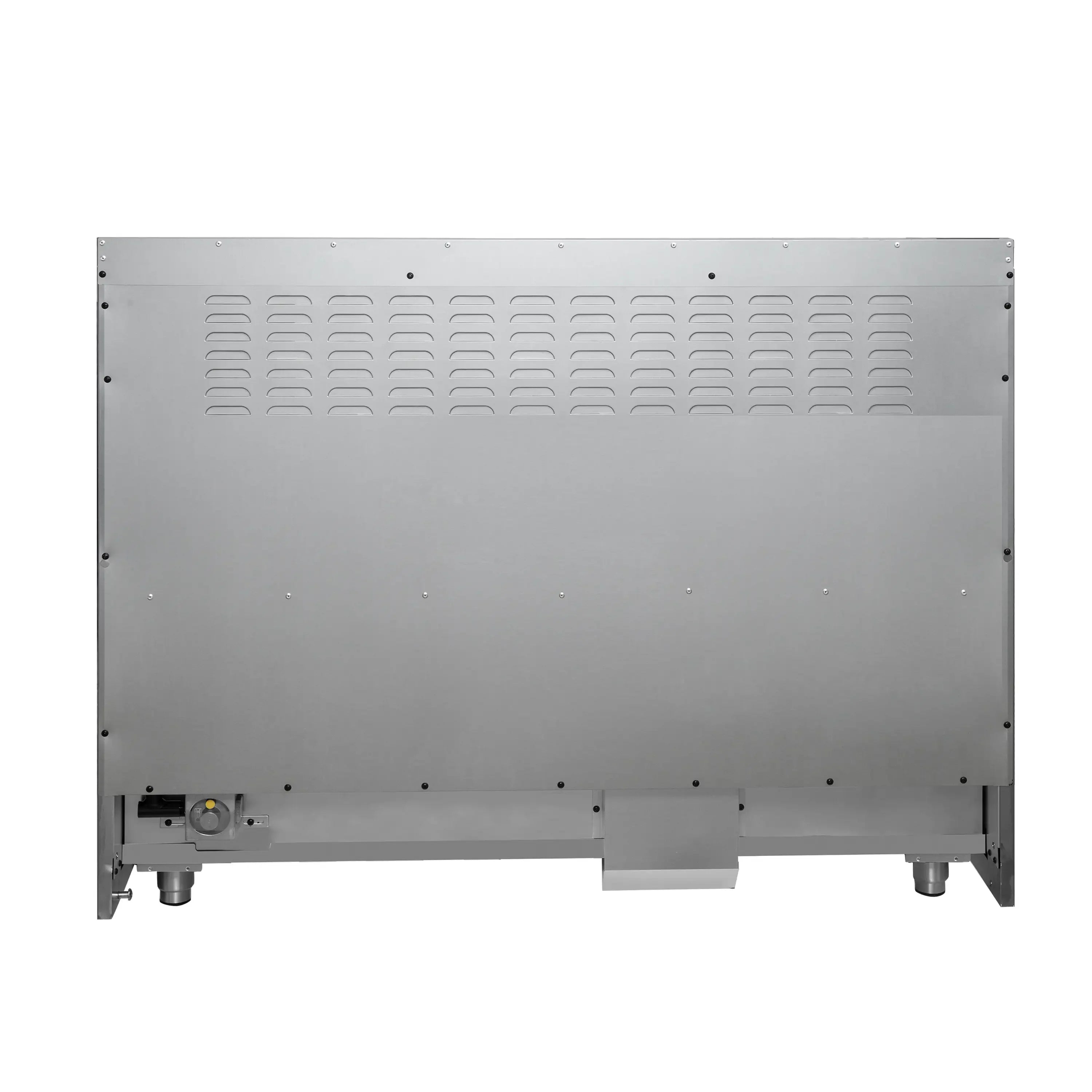 Back panel of black oven with vented metal cover and connection ports