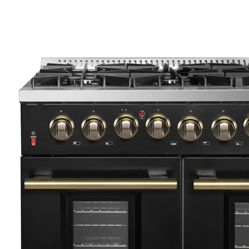 Forno Galiano 5-Piece Appliance Package - 48-Inch Dual Fuel Range, 48-Inch Hood, 36-Inch Refrigerator, 24-Inch Dishwasher, & 30-Inch Microwave Drawer in Black with Antique Brass Trim