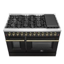 Forno 5-Piece Appliance Package - 48-Inch Dual Fuel Range, Wall Mount Range Hood, 36-Inch Refrigerator, Dishwasher, and 24-Inch Microwave Drawer in Black with Antique Brass Handle
