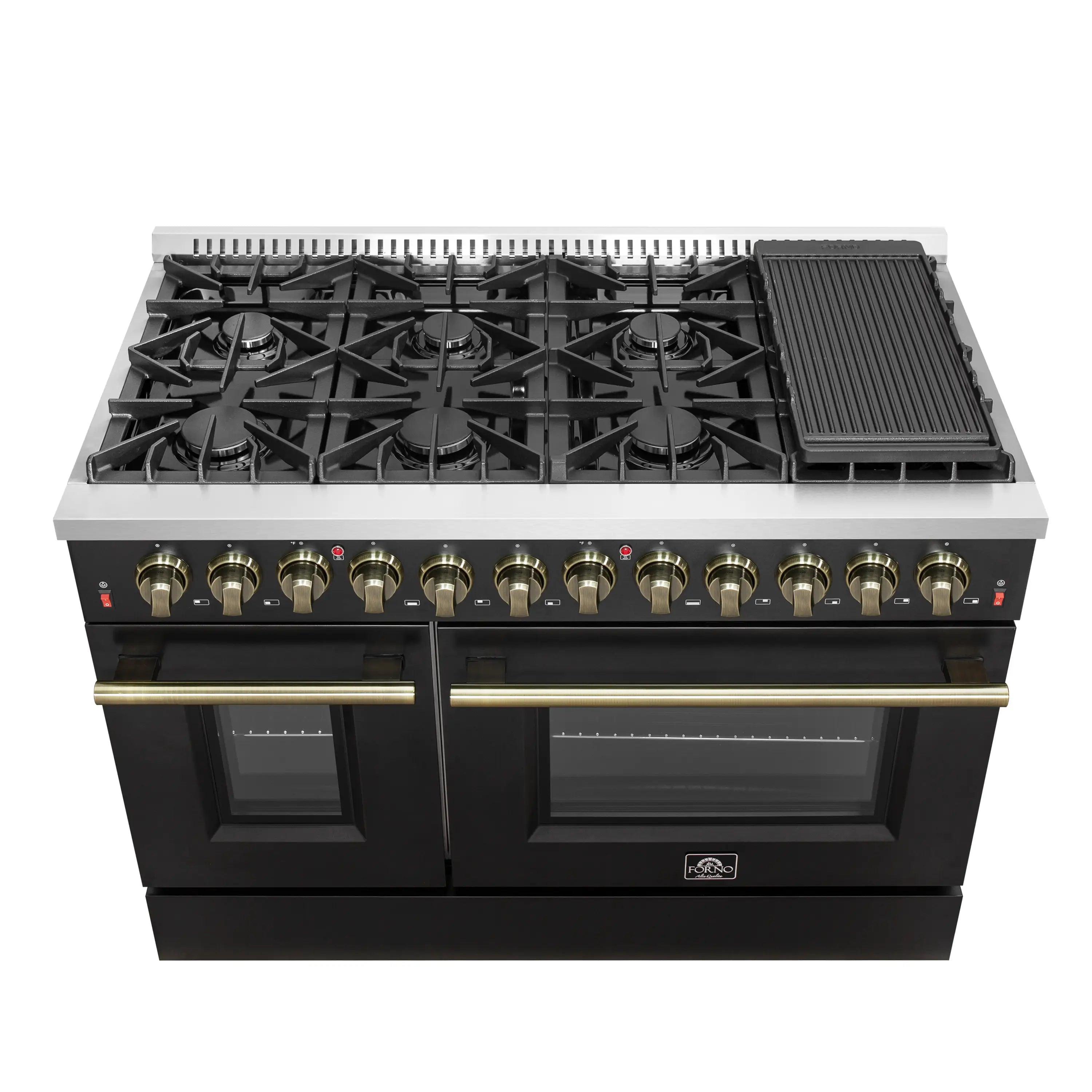 Black dual fuel range cooktop with burners and brass control knobs, oven doors closed
